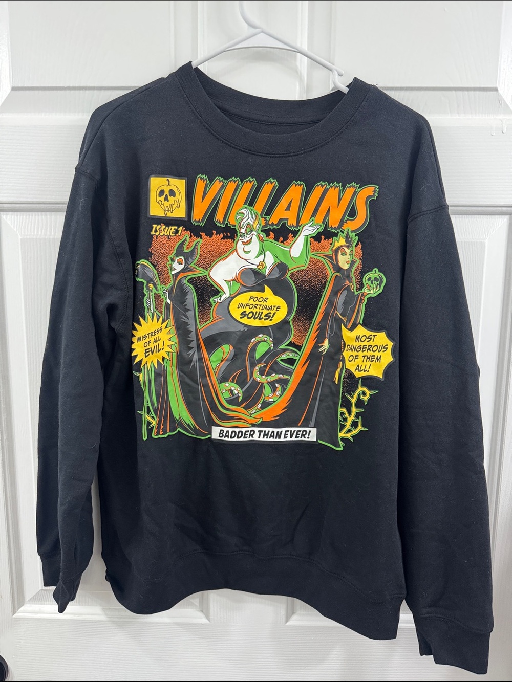 Disney Black Crewneck Sweatshirt with Neon Villains Comic Graphic